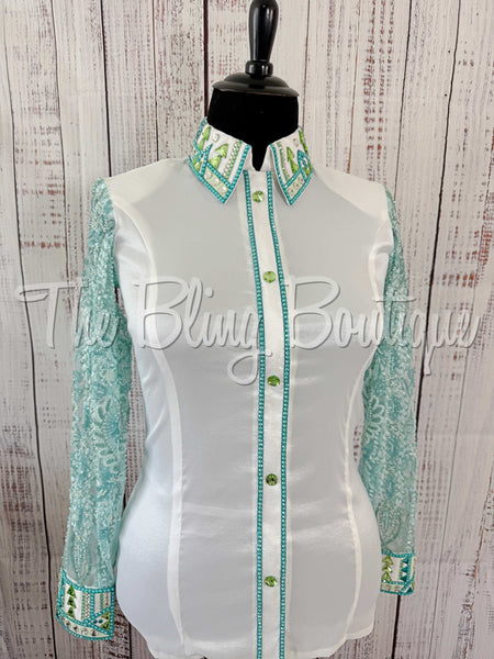 White, Teal & Mint Day Shirt Set With Sheer Sleeves (XL)