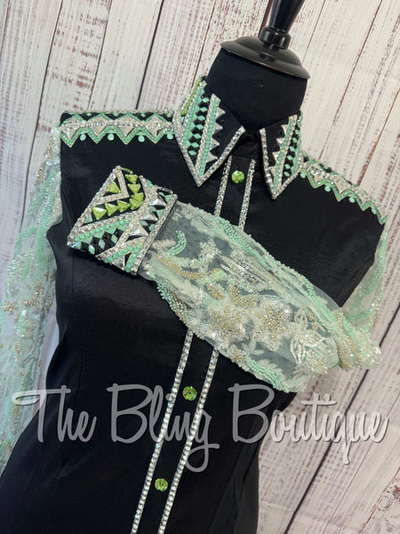 Black, Mint Green & Grey Day Shirt Set With Beaded Lace Sleeves (3XL)