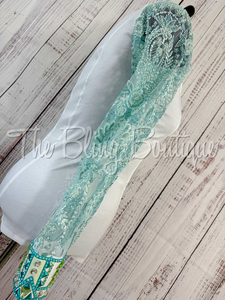 White, Teal & Mint Day Shirt Set With Sheer Sleeves (XL)