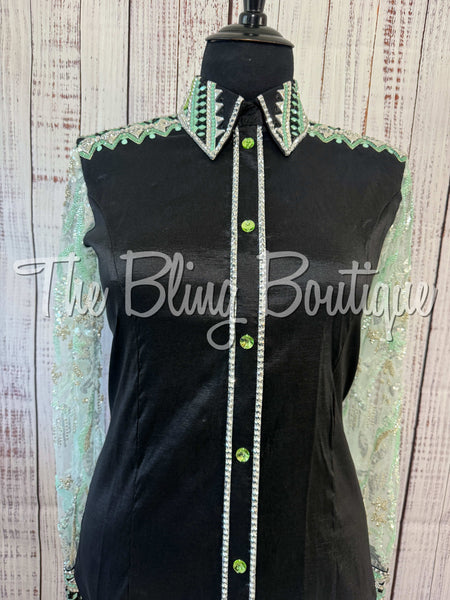 Black, Mint Green & Grey Day Shirt Set With Beaded Lace Sleeves (3XL)
