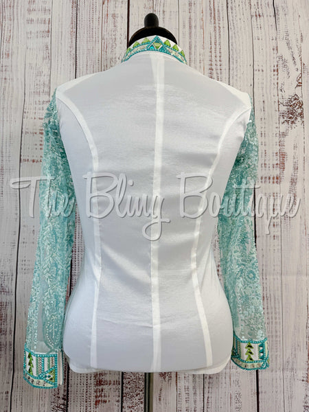White, Teal & Mint Day Shirt Set With Sheer Sleeves (XL)