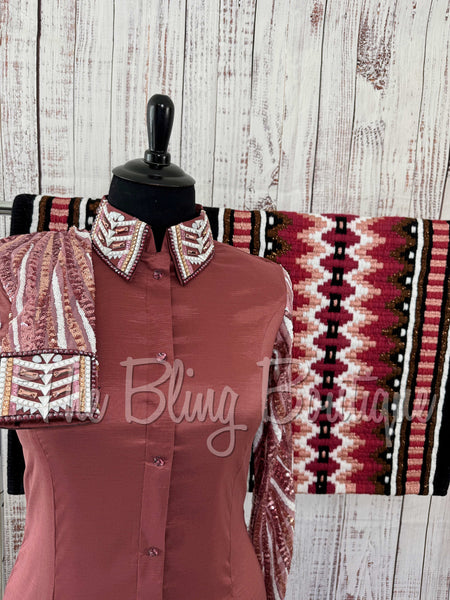 Mauve Rose, Rose Gold & White Day Shirt Set With Sheer Sleeves (XL)