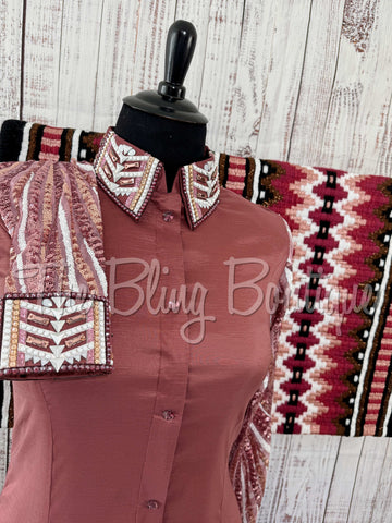 Mauve Rose, Rose Gold & White Day Shirt Set With Sheer Sleeves (XL)