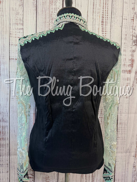 Black, Mint Green & Grey Day Shirt Set With Beaded Lace Sleeves (3XL)