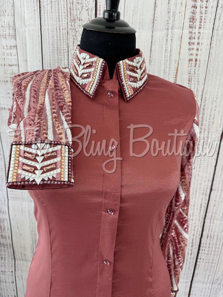 Mauve Rose, Rose Gold & White Day Shirt Set With Sheer Sleeves (XL)