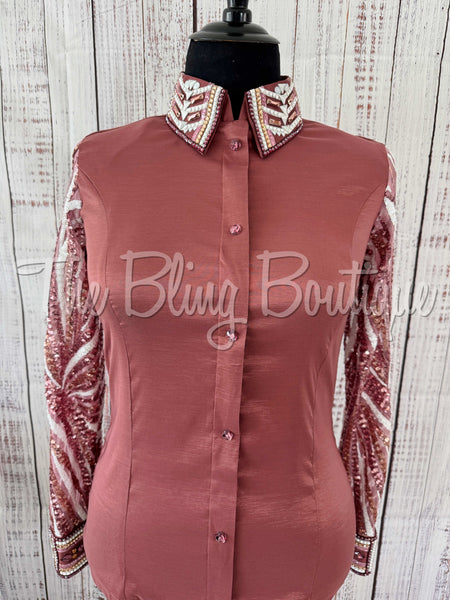 Mauve Rose, Rose Gold & White Day Shirt Set With Sheer Sleeves (XL)