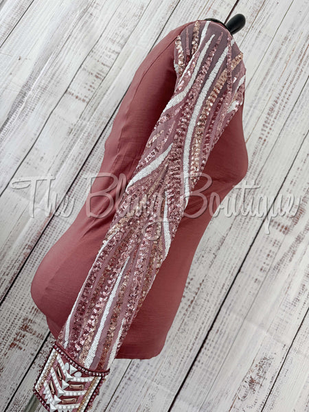 Mauve Rose, Rose Gold & White Day Shirt Set With Sheer Sleeves (XL)