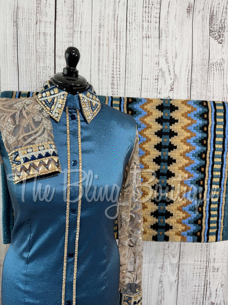 Smokey Blue & Tan Day Shirt Set With Lace Sleeves (L)