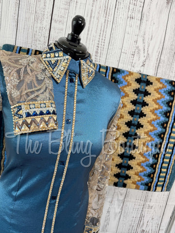 Smokey Blue & Tan Day Shirt Set With Lace Sleeves (L)