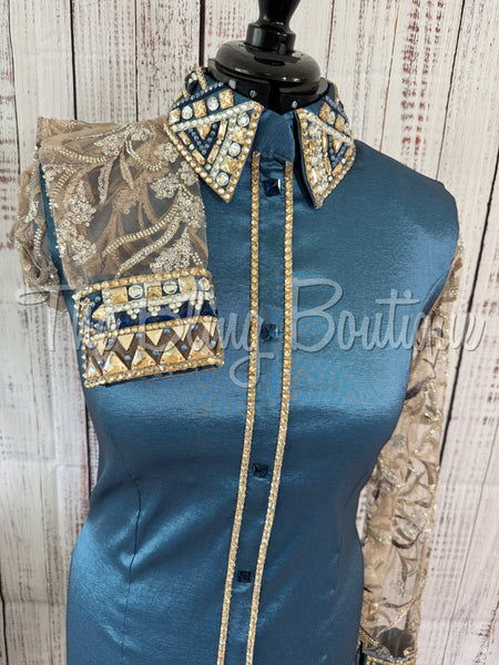 Smokey Blue & Tan Day Shirt Set With Lace Sleeves (L)