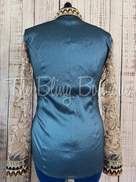 Smokey Blue & Tan Day Shirt Set With Lace Sleeves (L)