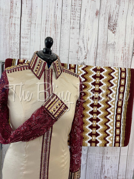 Tan & Burgundy Day Shirt Set With Lace Sleeves (M)