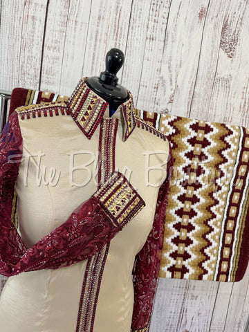 Tan & Burgundy Day Shirt Set With Lace Sleeves (M)
