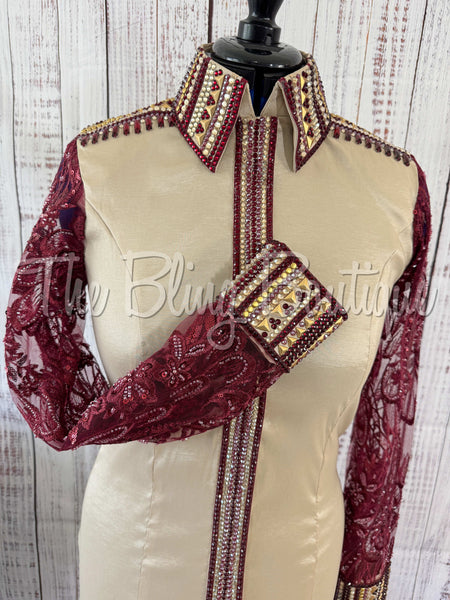 Tan & Burgundy Day Shirt Set With Lace Sleeves (M)