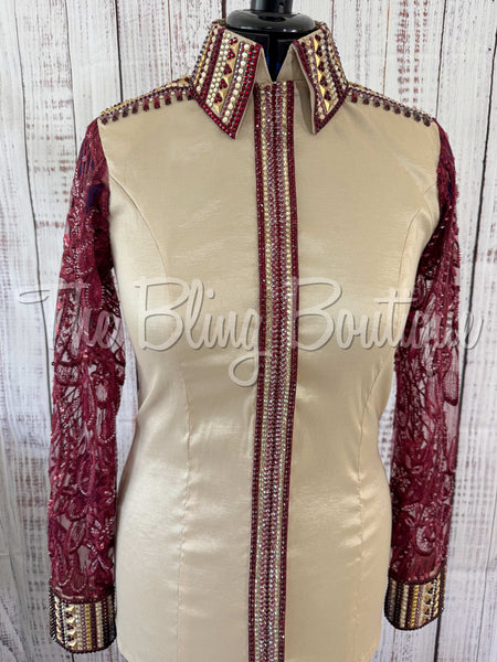 Tan & Burgundy Day Shirt Set With Lace Sleeves (M)