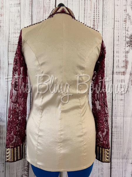 Tan & Burgundy Day Shirt Set With Lace Sleeves (M)