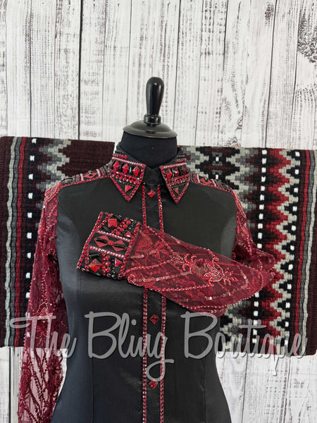 Black & Burgundy Day Shirt Set With Beaded Lace Sleeves (XL)