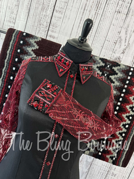 Black & Burgundy Day Shirt Set With Beaded Lace Sleeves (XL)