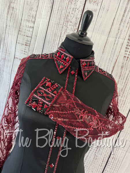 Black & Burgundy Day Shirt Set With Beaded Lace Sleeves (XL)