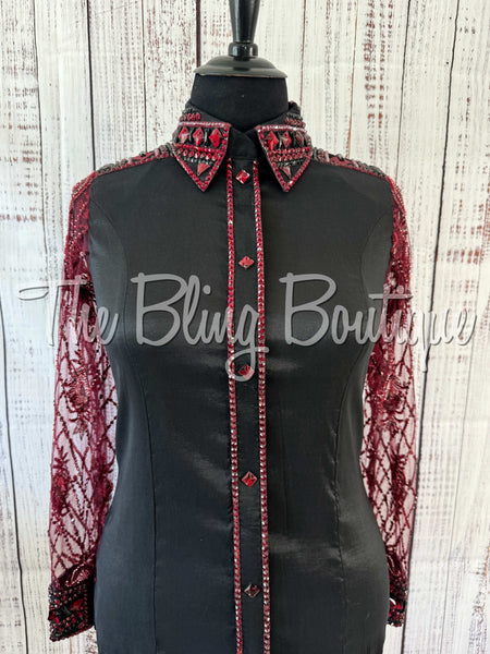 Black & Burgundy Day Shirt Set With Beaded Lace Sleeves (XL)