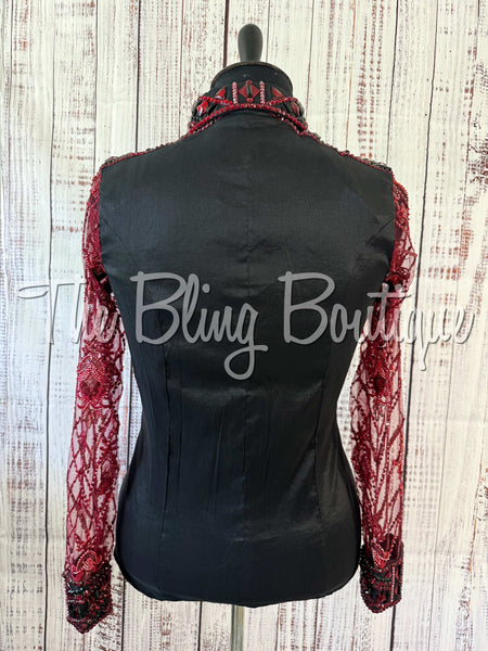Black & Burgundy Day Shirt Set With Beaded Lace Sleeves (XL)