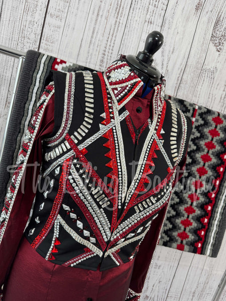 3 Piece Black, Dark Red, Grey & White Bolero Vest Set (L)