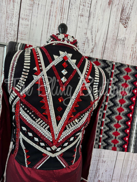 3 Piece Black, Dark Red, Grey & White Bolero Vest Set (L)