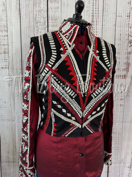 3 Piece Black, Dark Red, Grey & White Bolero Vest Set (L)