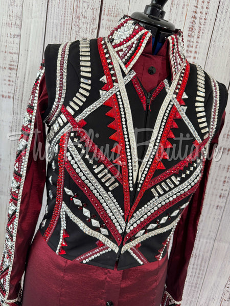3 Piece Black, Dark Red, Grey & White Bolero Vest Set (L)