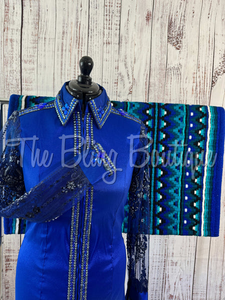 Dark Royal Blue Day Shirt Set With Lace Sleeves (L)