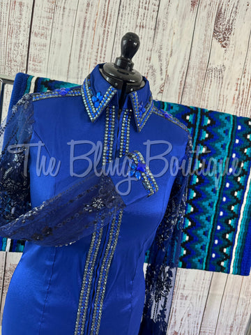 Dark Royal Blue Day Shirt Set With Lace Sleeves (L)