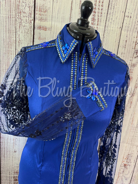 Dark Royal Blue Day Shirt Set With Lace Sleeves (L)