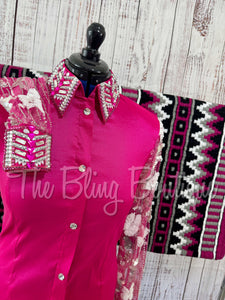 Hot Pink Day Shirt Set With Lace Sleeves (L)