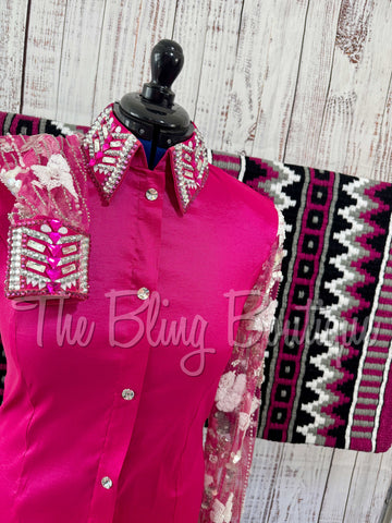 Hot Pink Day Shirt Set With Lace Sleeves (L)
