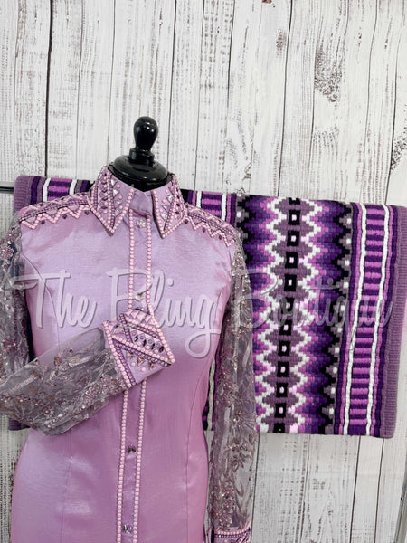 Orchid & Plum Day Shirt Set With Beaded Sheer Sleeves (L)