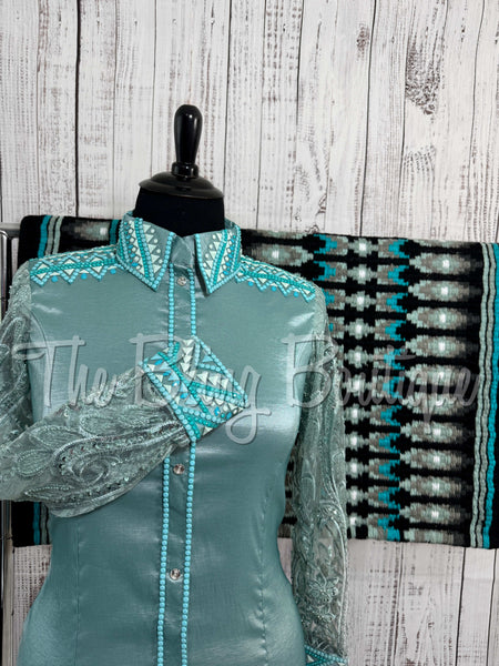 Sea Foam & Aqua Day Shirt Set With Lace Sleeves (XL)