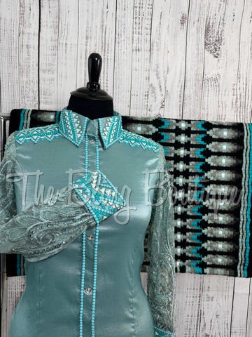 Sea Foam & Aqua Day Shirt Set With Lace Sleeves (XL)