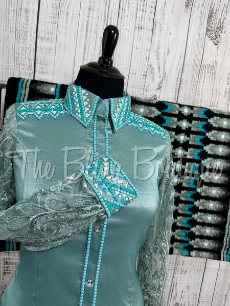 Sea Foam & Aqua Day Shirt Set With Lace Sleeves (XL)