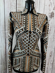 RE-ORDER Black, Rose Gold, White & Gunmetal Grey Showmanship Jacket (C The Bling Boutique RE-ORDER Black, Rose Gold, White & Gunmetal Grey Showmanship Jacket (C The Bling Boutique