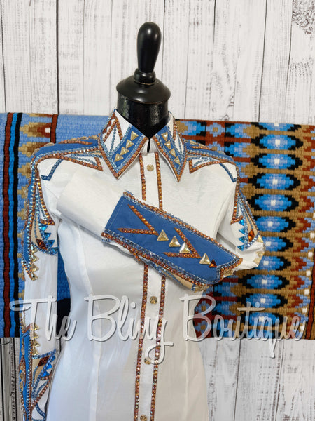 RE-ORDER White, Cornflower Blue, Copper & Tan Day Shirt Set (Choose Your Size)