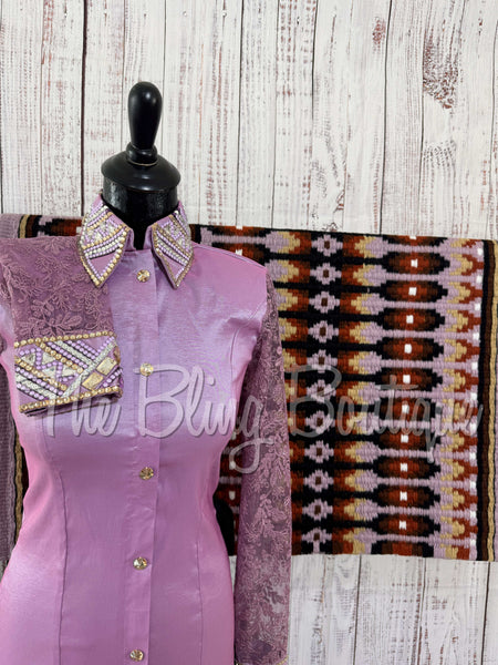 Lilac & Tan Day Shirt Set With Lace Sleeves (S)
