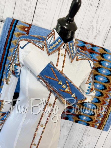 RE-ORDER White, Cornflower Blue, Copper & Tan Day Shirt Set (Choose Your Size)