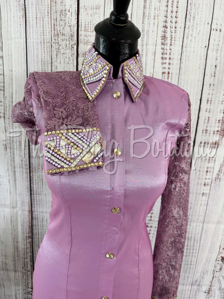 Lilac & Tan Day Shirt Set With Lace Sleeves (S)