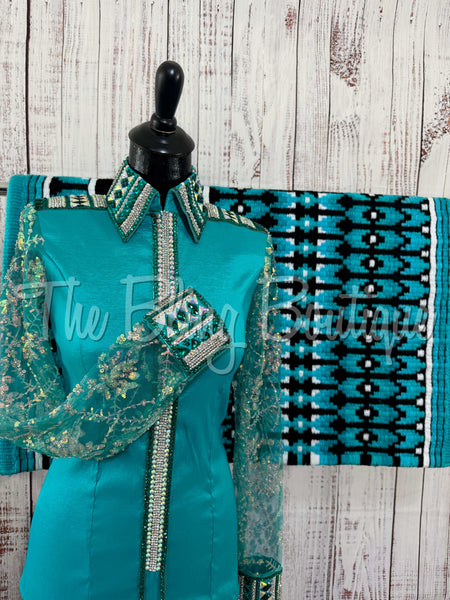 Teal & Jade Day Shirt Set With Lace Sleeves (S)
