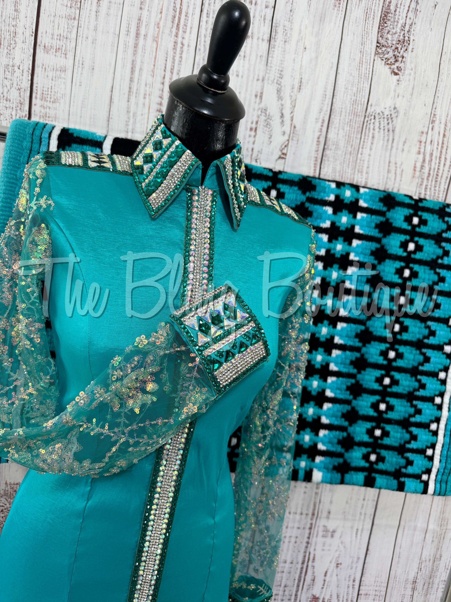 Teal & Jade Day Shirt Set With Lace Sleeves (S)