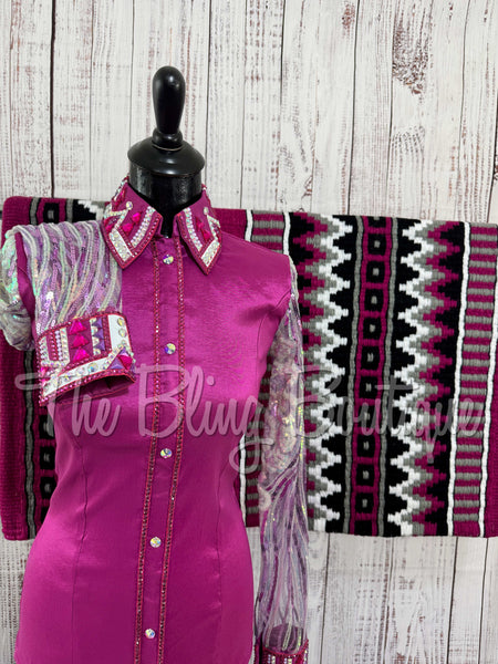 Fuchsia Day Shirt Set With Sequin Lace Sleeves (S)