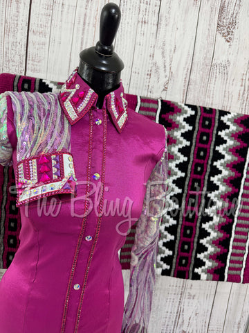 Fuchsia Day Shirt Set With Sequin Lace Sleeves (S)