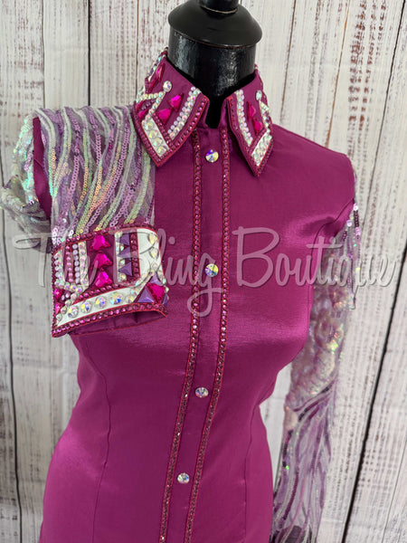 Fuchsia Day Shirt Set With Sequin Lace Sleeves (S)