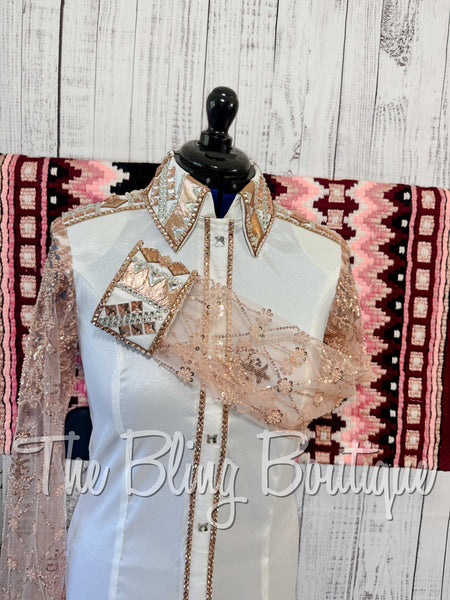 White & Rose Gold Day Shirt Set With Beaded Lace Sleeves (Large)