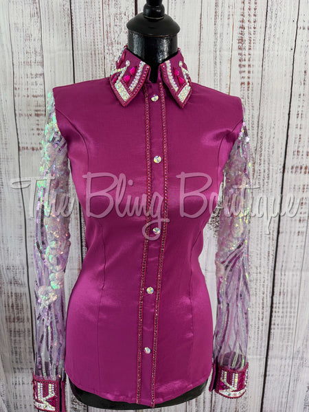 Fuchsia Day Shirt Set With Sequin Lace Sleeves (S)